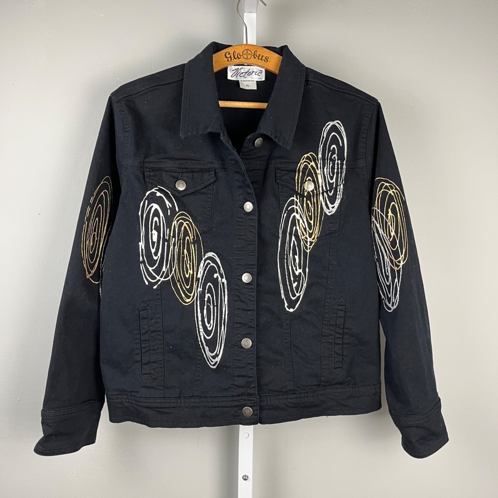 Victoria Black Denim Jacket Womens XL Vintage 90s Artsy Puffy Paint Swirls